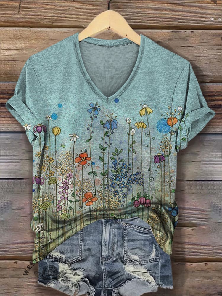 Women's Retro Flower Print V-neck Casual T-Shirt