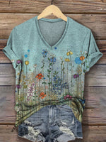 Women's Retro Flower Print V-neck Casual T-Shirt