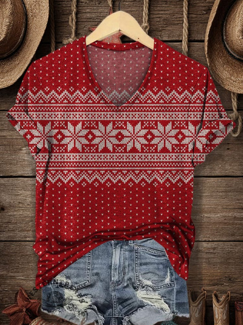 Women's Retro Christmas Print V-neck Casual T-Shirt
