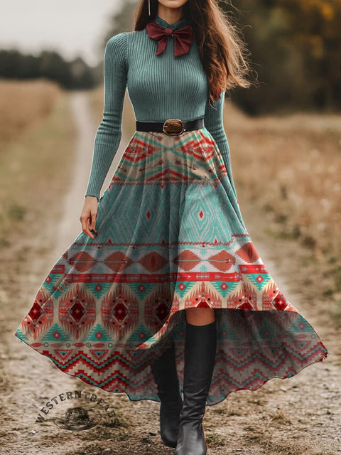 Women's Aztec Print Skirt and Long-sleeve Tops Two-Piece Suit