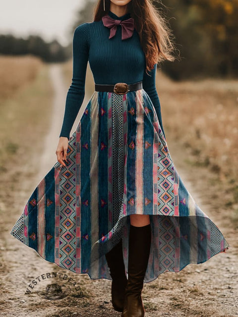 Women's Pastoral Print Skirt and Long-sleeve Tops Two-Piece Suit