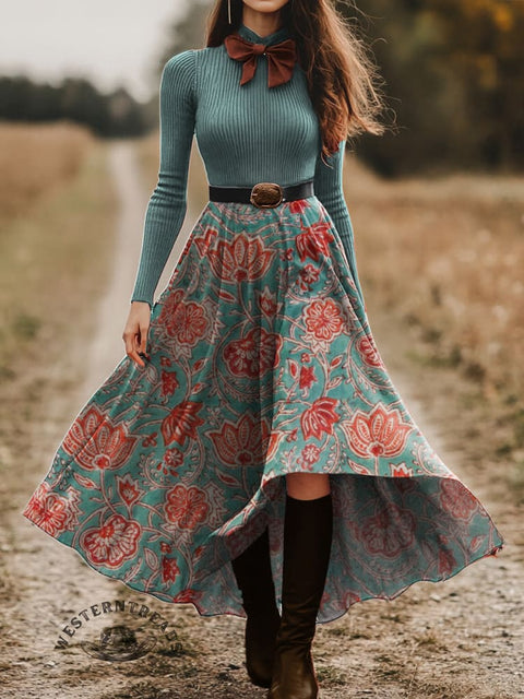 Women's Pastoral Flower Skirt and Long-sleeved Top Two-piece Suit