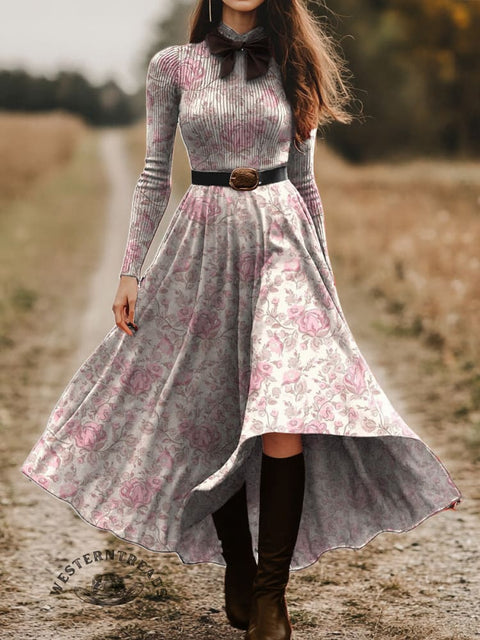 Women's Pastoral Flower Skirt and Long-sleeved Top Two-piece Suit