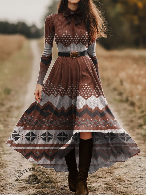 Women's Aztec Print Skirt and Long-sleeve Tops Two-Piece Suit