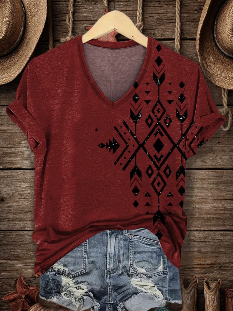 Women's Retro Aztec Print V-neck Casual T-Shirt
