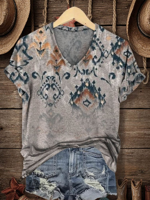 Women's Retro Pattern Print V-neck Casual T-Shirt