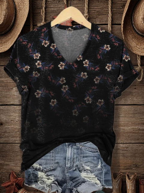 Women's Retro Flower Pattern Print V-neck Casual T-Shirt