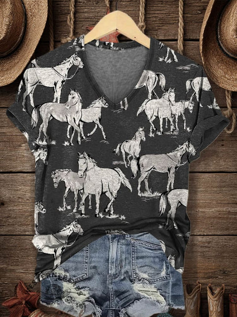 Women's Retro Horse Pattern Print V-neck Casual T-Shirt