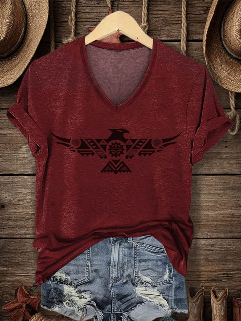 Women's Retro Pattern Print V-neck Casual T-Shirt