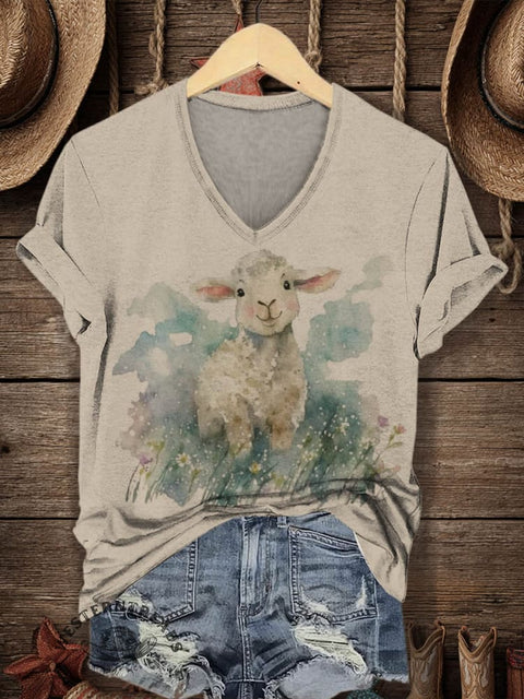 Women's Retro Pattern Print V-neck Casual T-Shirt