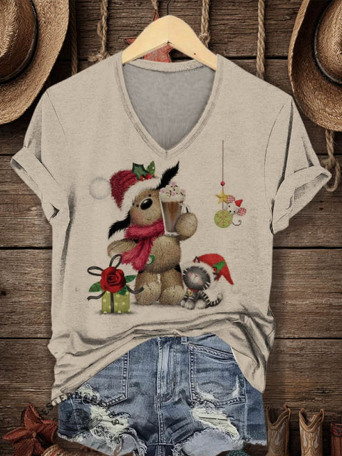 Women's Retro Christmas Pattern Print V-neck Casual T-Shirt