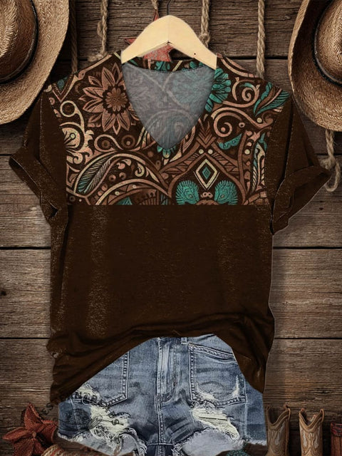 Women's Retro Aztec Pattern Print V-neck Casual T-Shirt