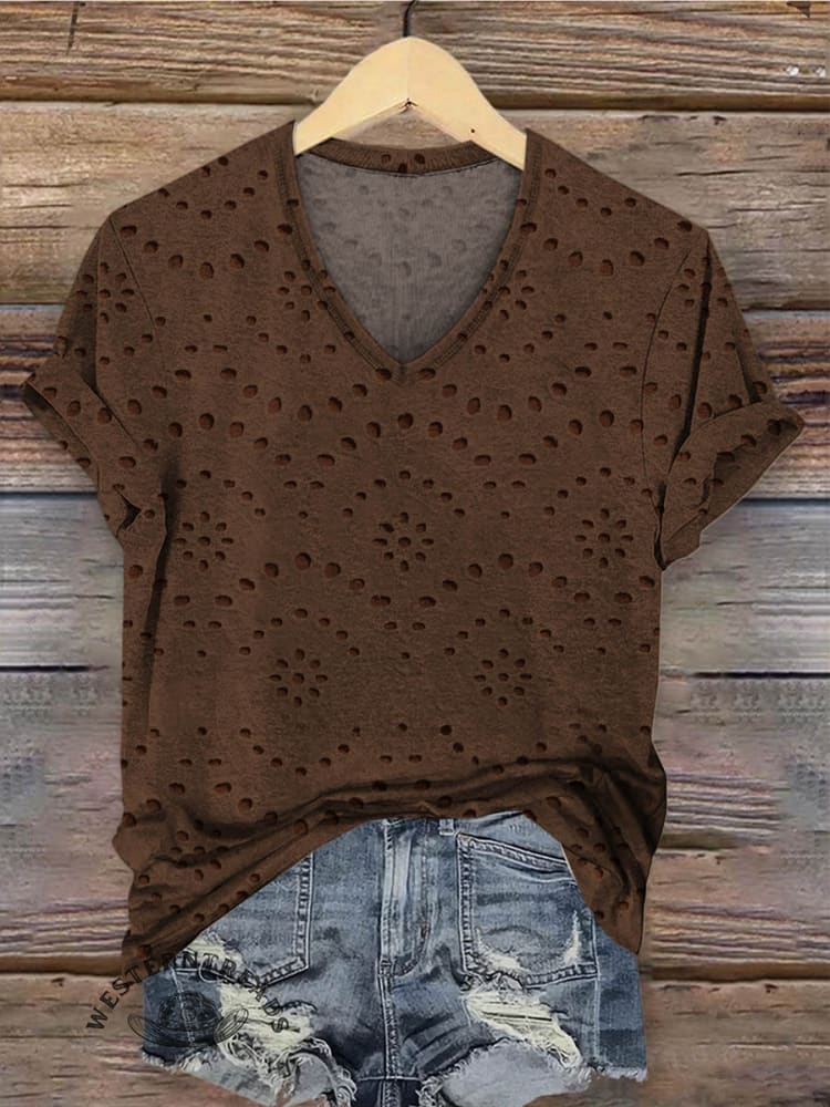 Women's Classic Pastoral Print V-neck Casual T-Shirt