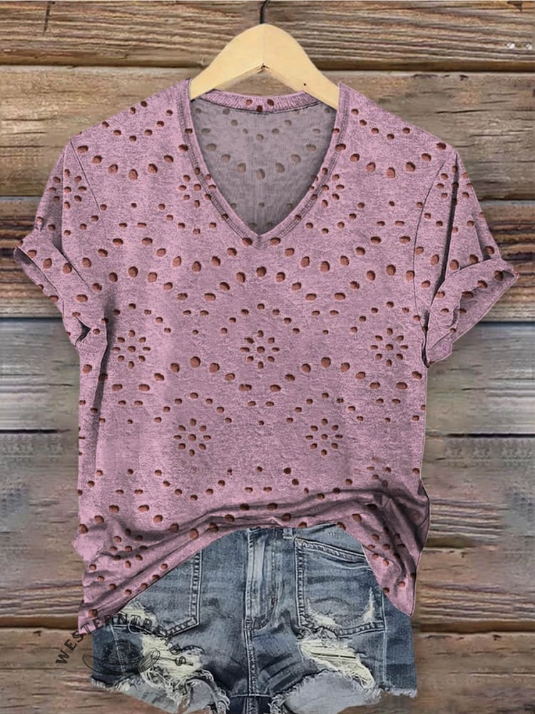 Women's Classic Pastoral Print V-neck Casual T-Shirt