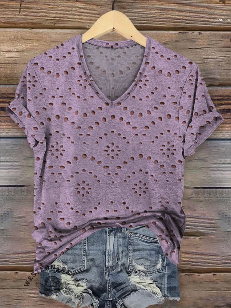 Women's Classic Pastoral Print V-neck Casual T-Shirt