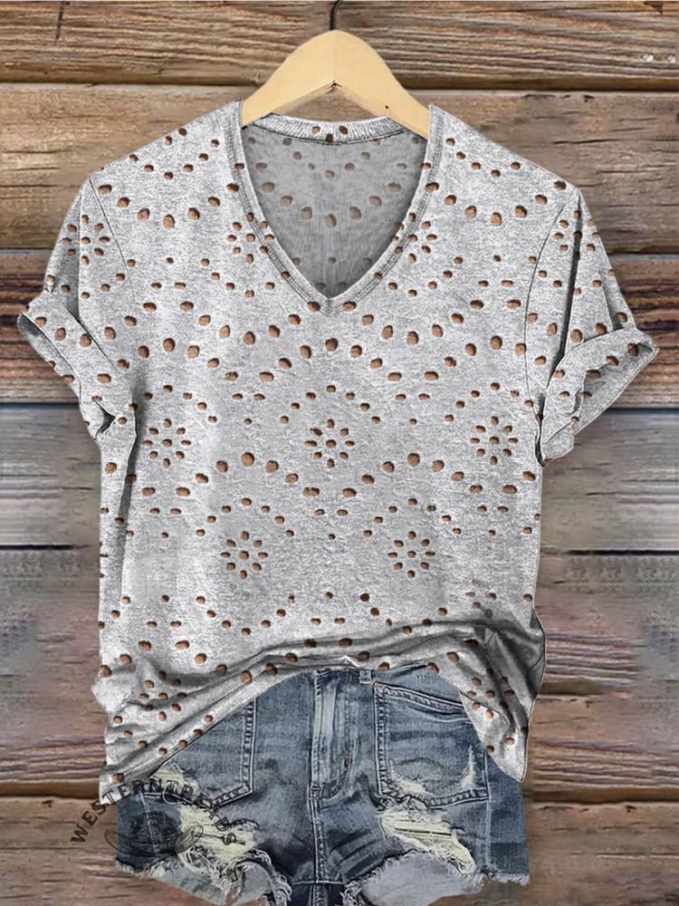 Women's Classic Pastoral Print V-neck Casual T-Shirt