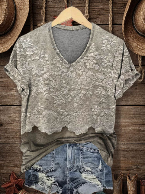 Women's Classic Pastoral Print V-neck Casual T-Shirt