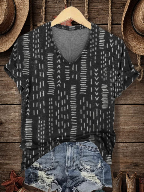 Women's Classic Pastoral Print V-neck Casual T-Shirt