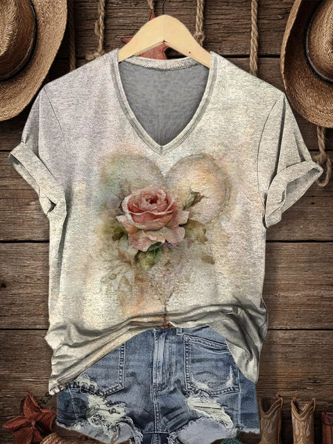 Women's Classic Pastoral Print V-neck Casual T-Shirt