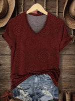 Women's Classic Pastoral Print V-neck Casual T-Shirt