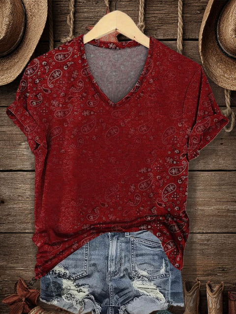 Women's Retro Classic Paisley Print V-neck Casual T-Shirt