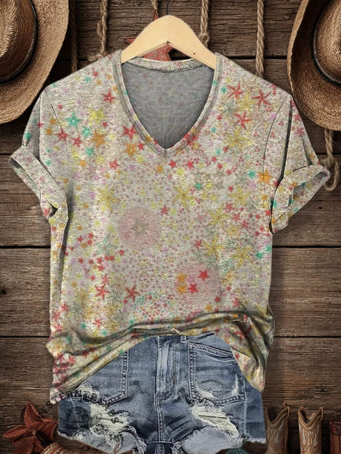 Women's Classic Pastoral Print V-neck Casual T-Shirt