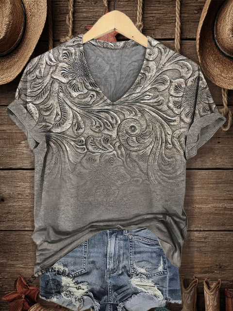 Women's Classic Pastoral Print V-neck Casual T-Shirt