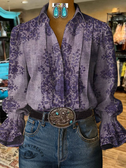 Women's Retro Classic Floral Prints Casual Cotton And Linen Shirt