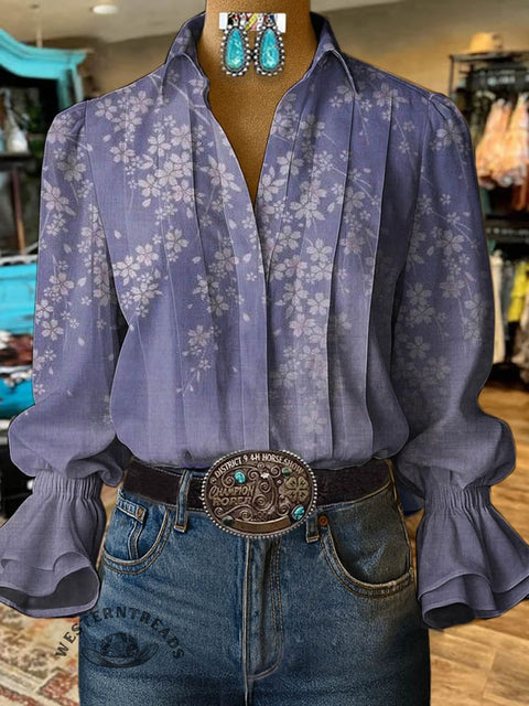 Women's Retro Classic Floral Prints Casual Cotton And Linen Shirt