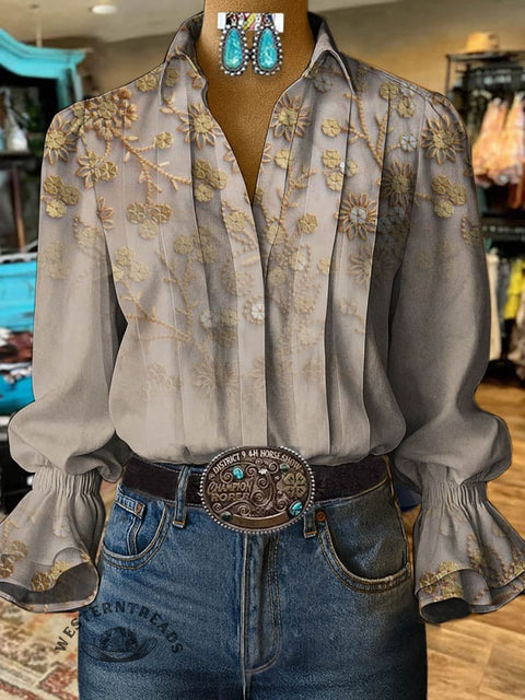 Women's Retro Classic Floral Prints Casual Cotton And Linen Shirt