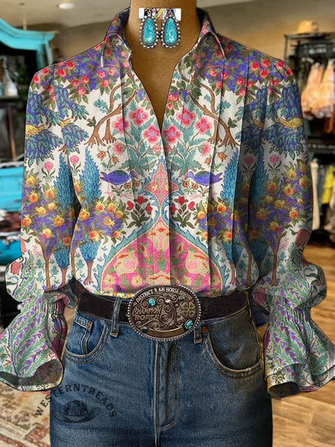 Women's Retro Classic Floral Prints Casual Cotton And Linen Shirt