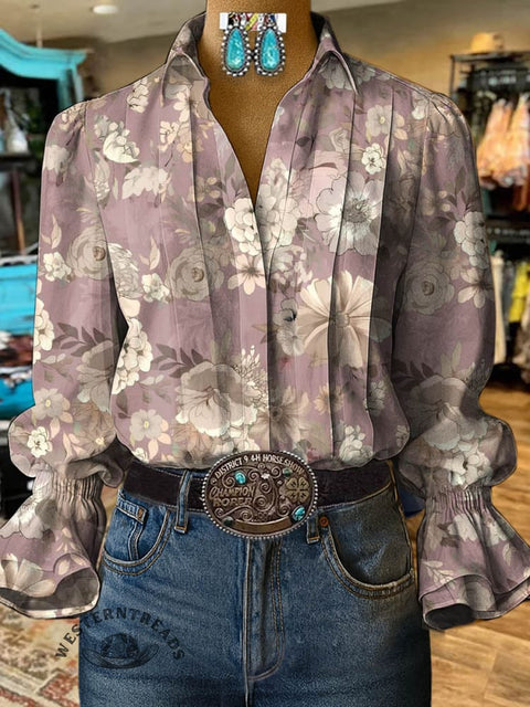 Women's Retro Classic Floral Prints Casual Cotton And Linen Shirt