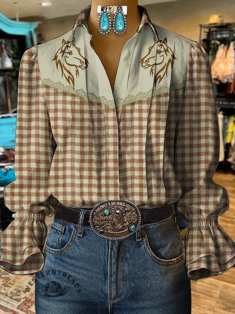 Women's Retro Classic Horse Prints Casual Cotton And Linen Shirt