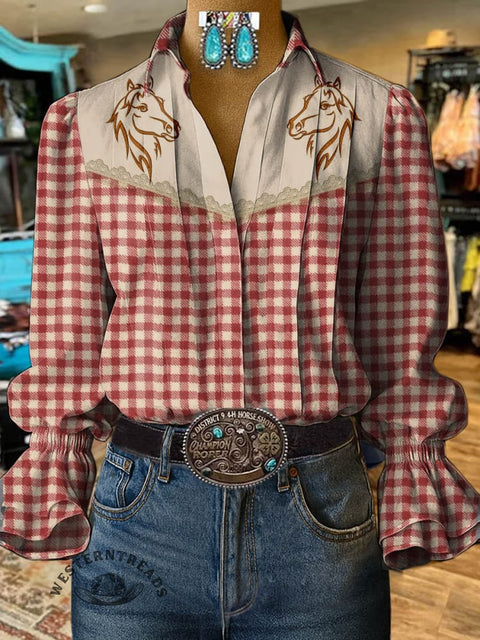 Women's Retro Classic Horse Prints Casual Cotton And Linen Shirt