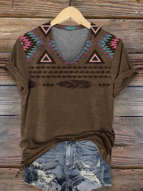 Women's Classic Aztec Print V-neck Casual T-Shirt