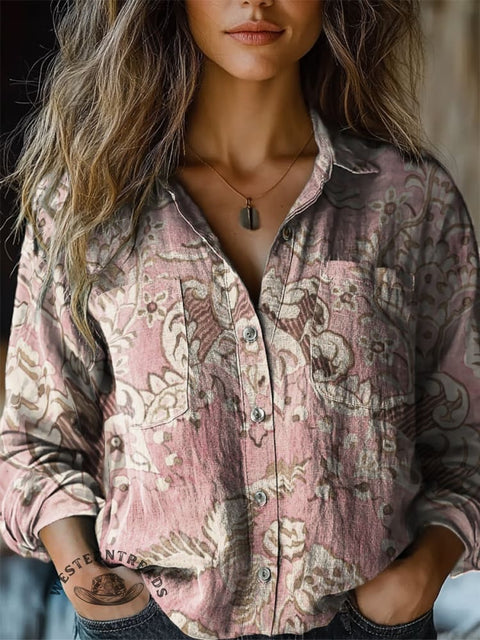 Women's Classic Flower Print Casual Long Sleeve Comfortable Cotton Shirt