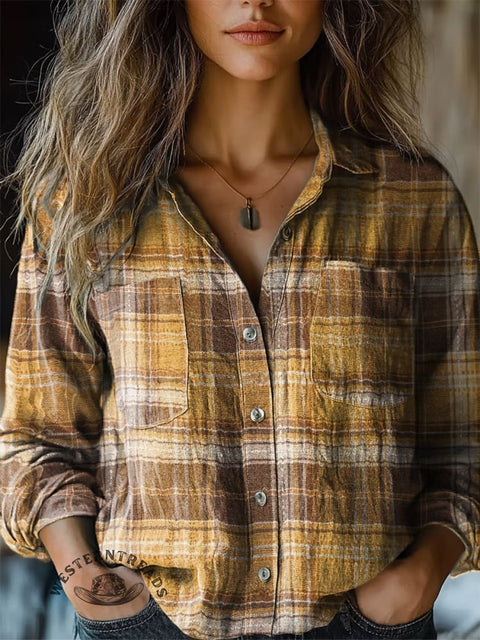 Women's Classic Plaid Print Casual Long Sleeve Comfortable Cotton Shirt