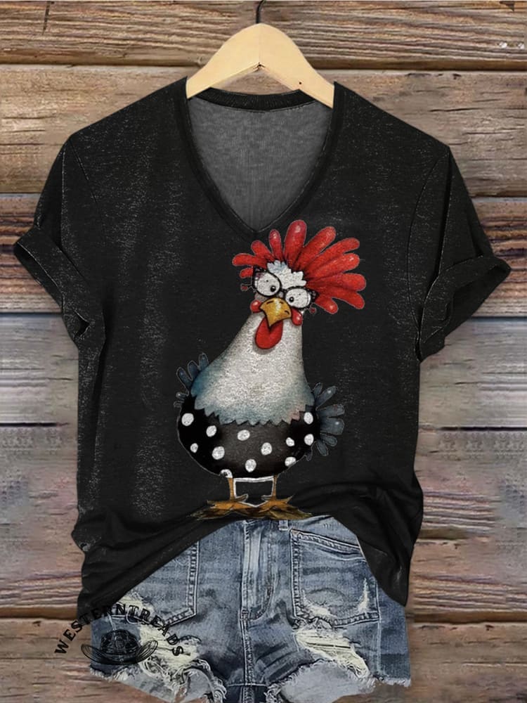 Retro Hen Art Print Casual T-shirt