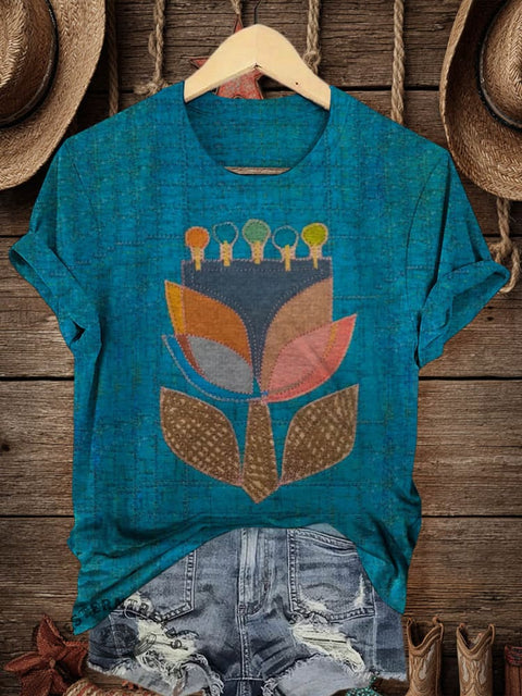 Retro Flower Art Print Casual T-shirt