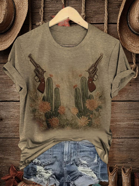 Retro Cactus Art Print Casual T-shirt