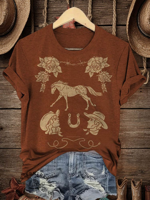 Retro Horse Art Print Casual T-shirt