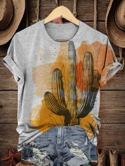 Retro Cactus Art Print Casual T-shirt