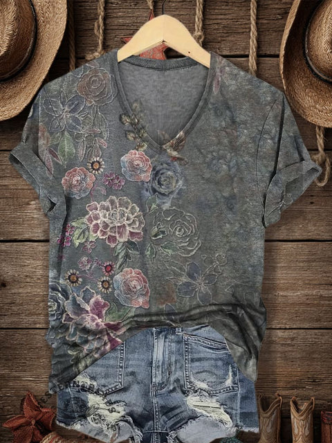 Women's Classic Flower Print V-neck Casual T-Shirt