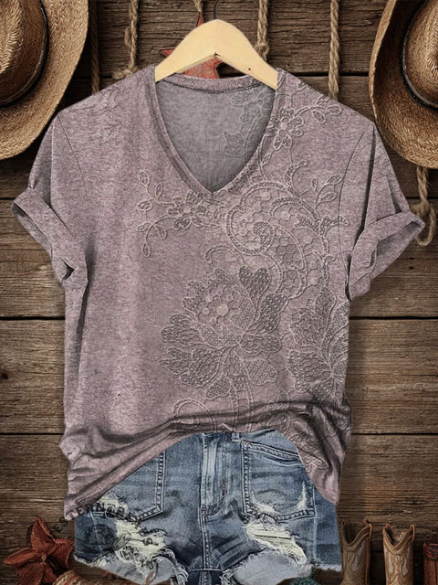 Women's Classic Flower Print V-neck Casual T-Shirt