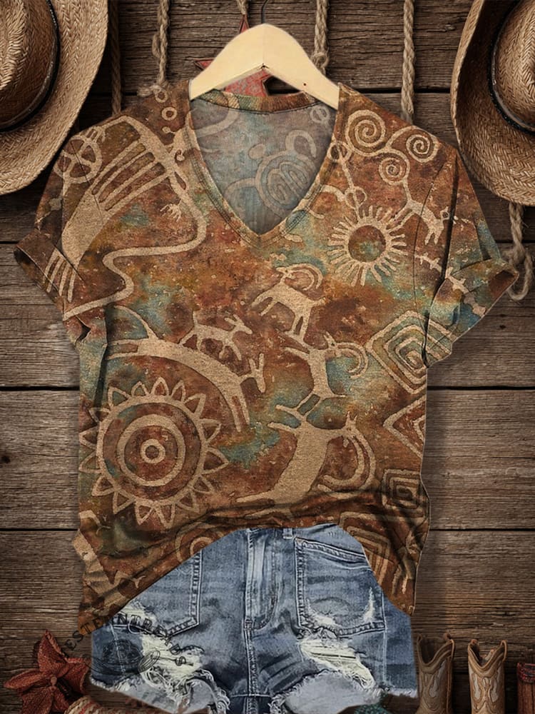 Women's Vintage Print V-neck Casual T-Shirt
