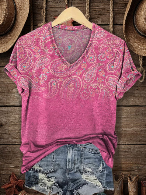 Women's Classic Paisley Print V-neck Casual T-Shirt
