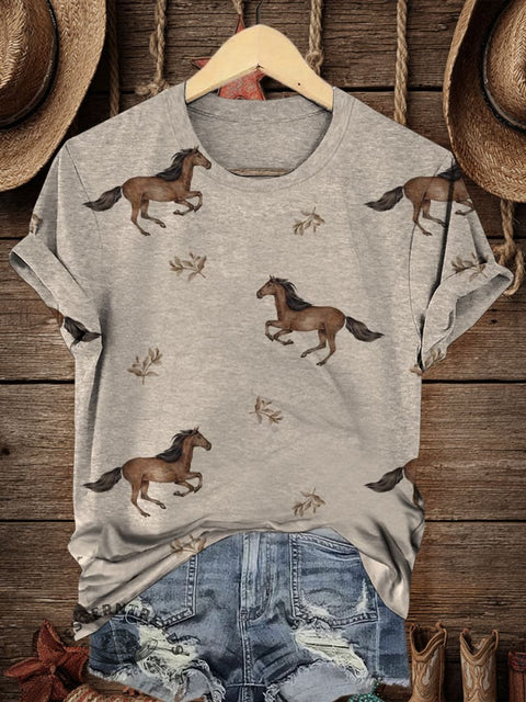 Retro Horse Art Print Casual T-shirt