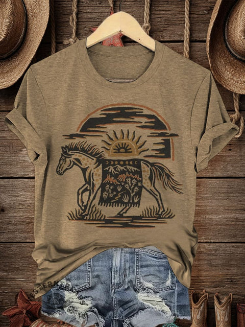Retro Horse Art Print Casual T-shirt