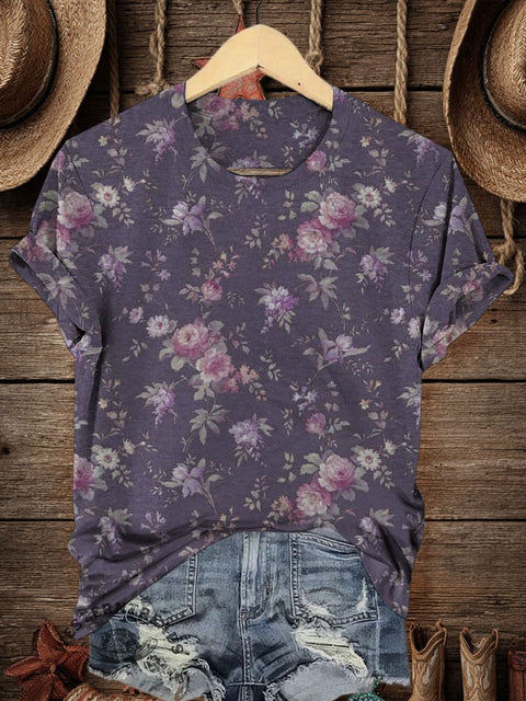Retro Flower Art Print Casual T-shirt