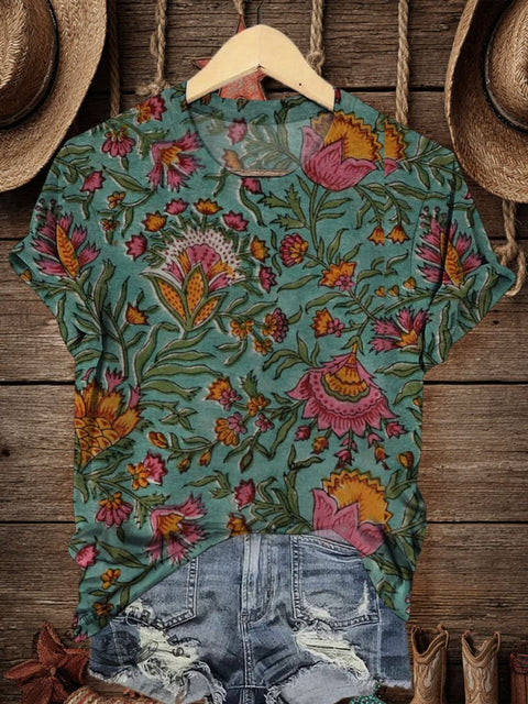 Retro Flower Art Print Casual T-shirt